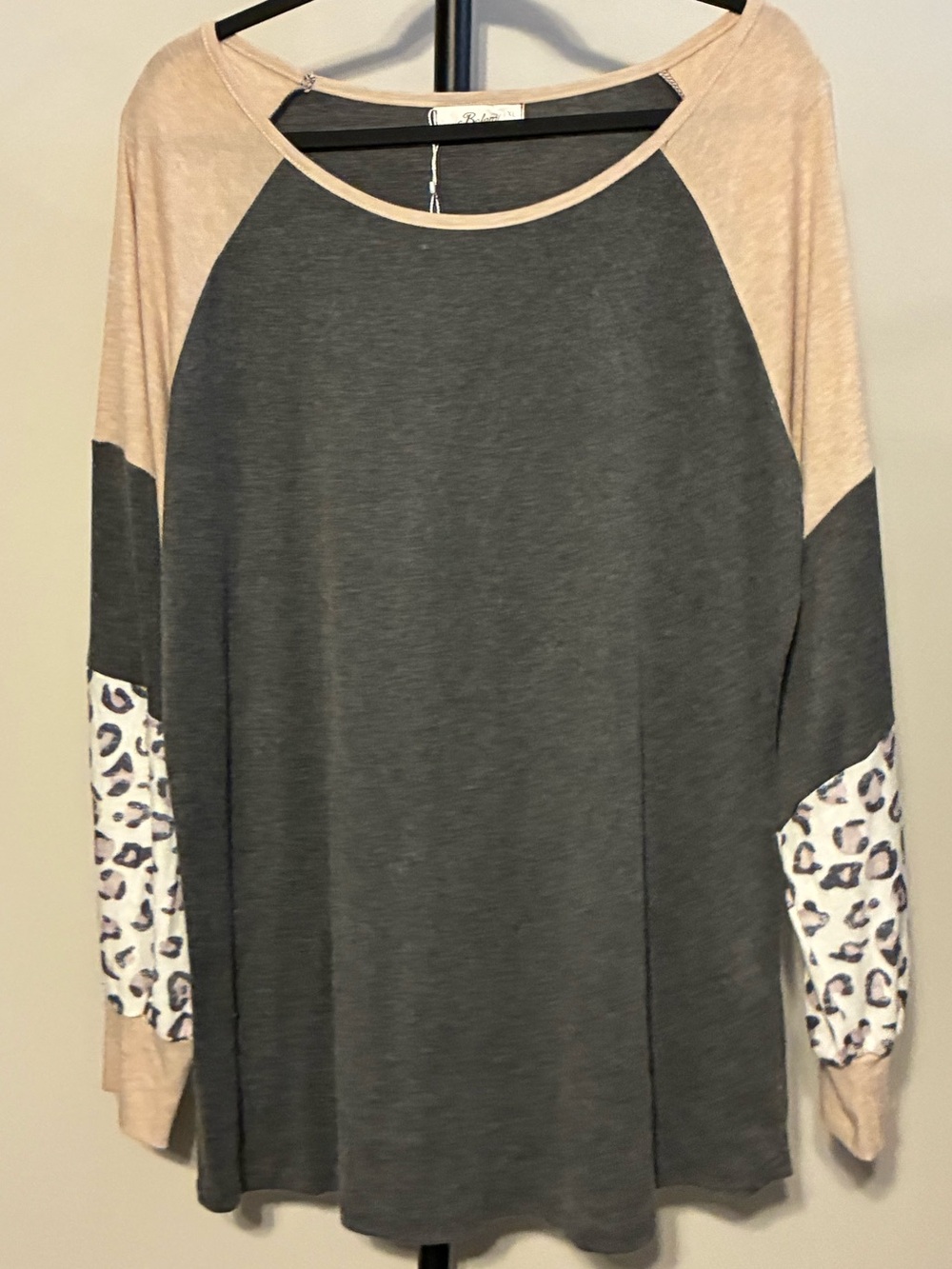 New! XL Raglan Long Sleeve Top with Leopard Accent - Charcoal and Beige